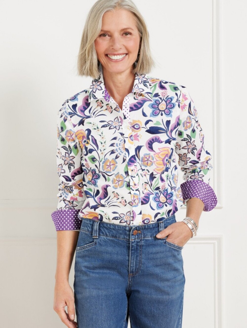 Talbots Modern Classic Shirt Jacobean Floral Cotton Button Up Large